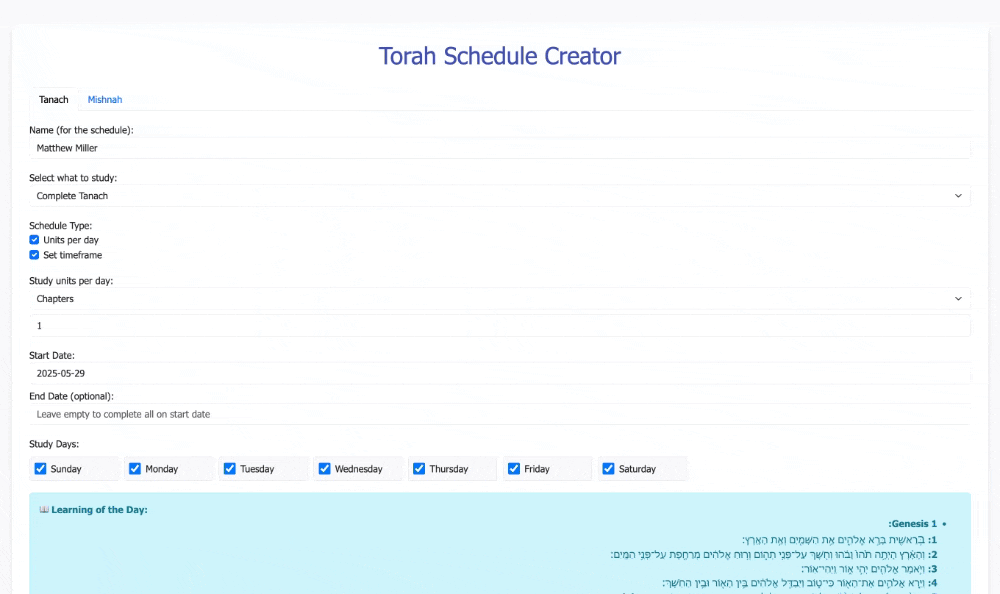 Preview of Torah Schedule Creator