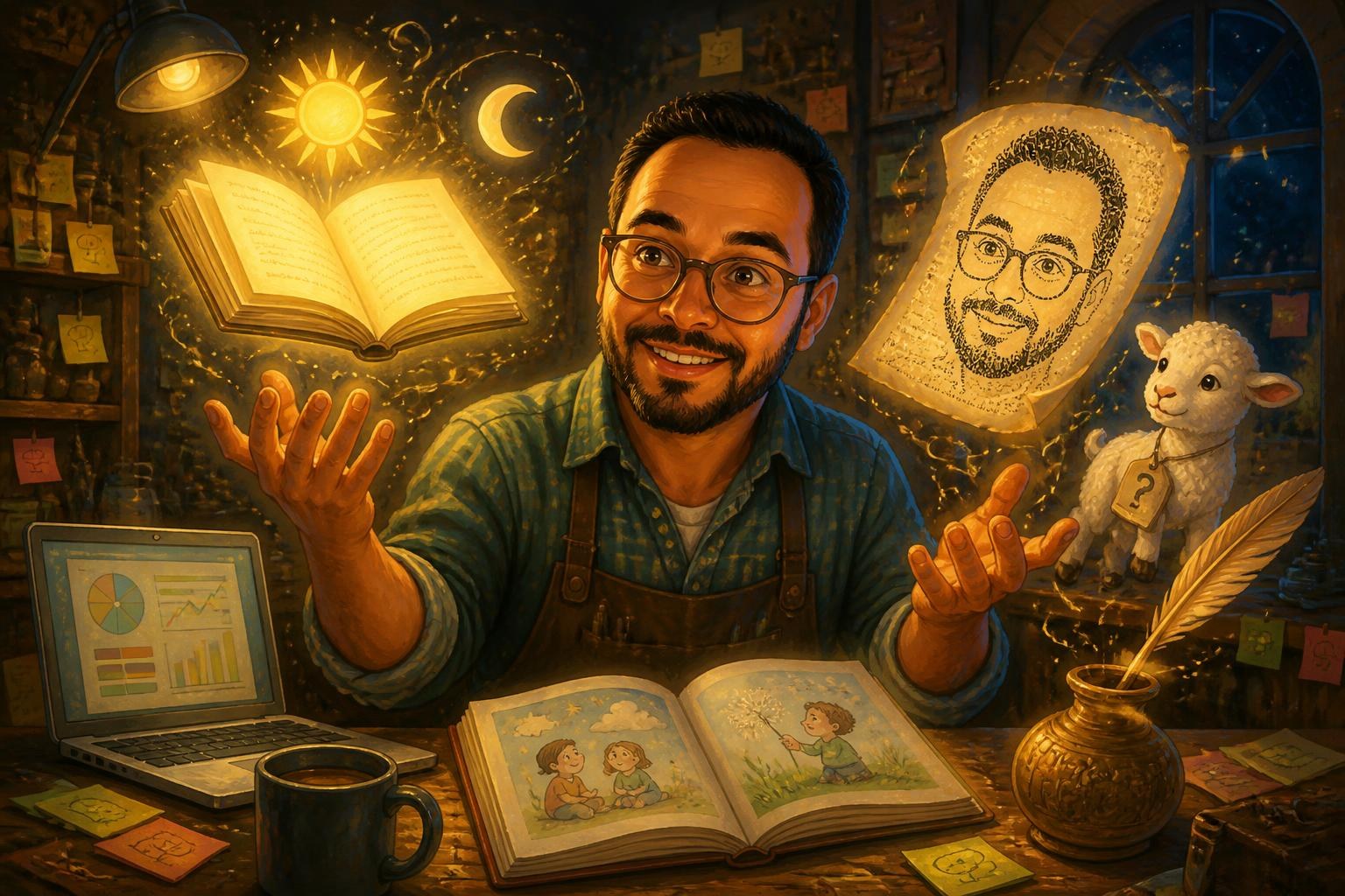 Illustration of Matthew in a workshop full of glowing projects